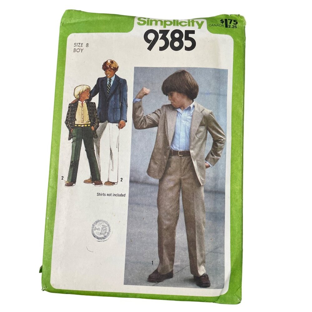 80s Simplicity 9385 Sewing Pattern Size 8 Boys Pant Unlined Jacket Vintage UNCUT